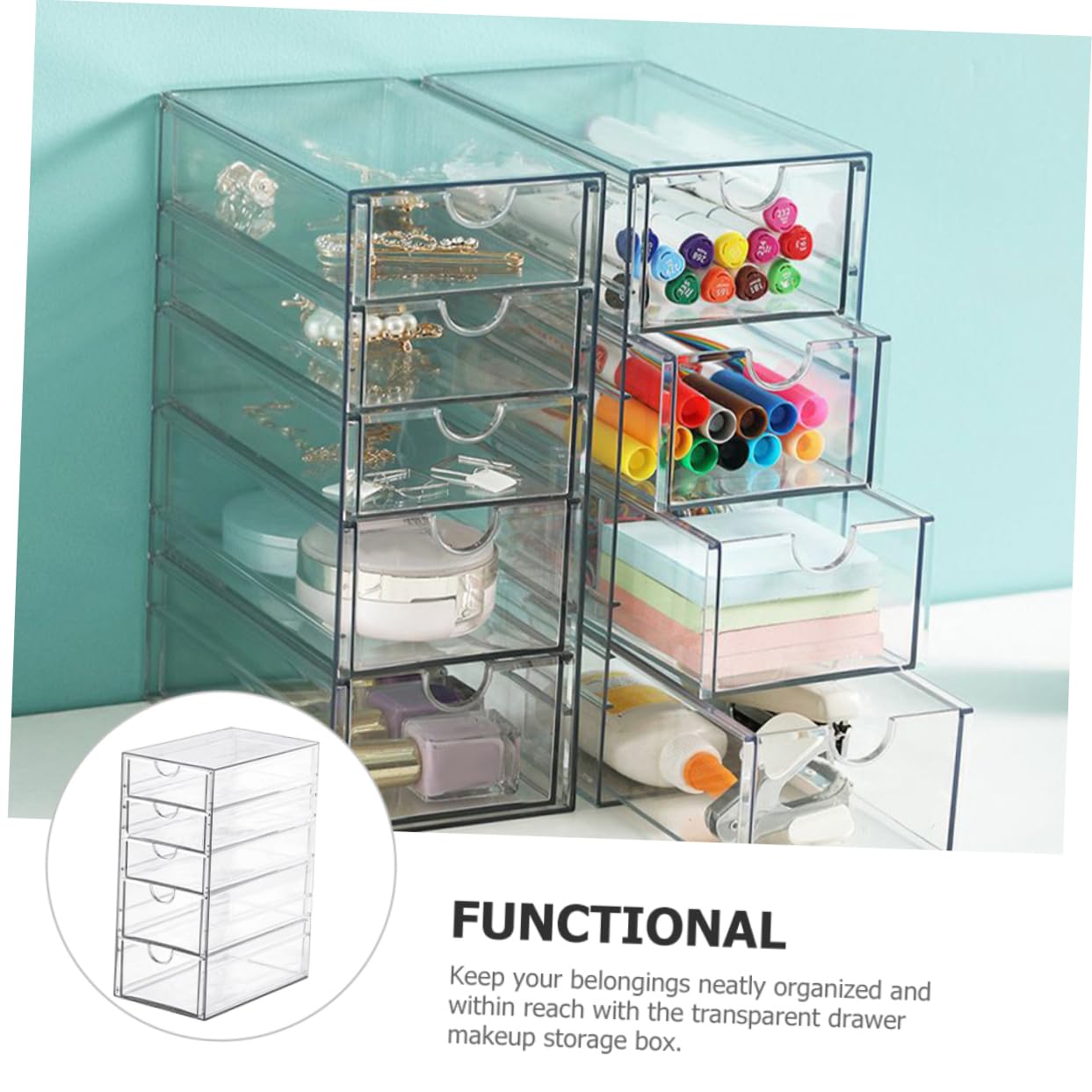 Cabilock Boîte de Rangement à Tiroirs Transparente, 5 Niveaux, Design Pet, Accès Facile, pour Bureau et Coiffeuse, Organise Accessoires et Papeterie