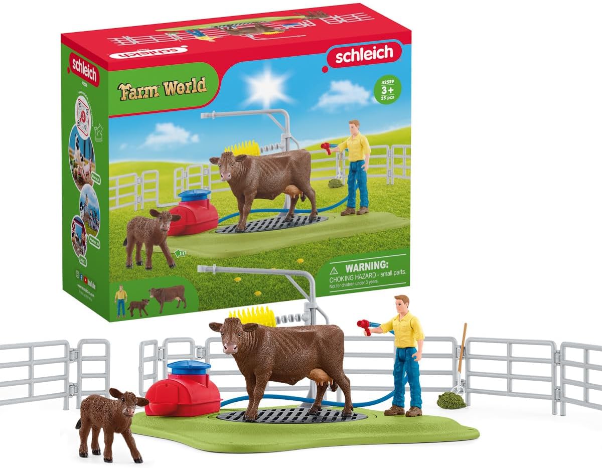 Schleich Farm World, Farm Animal Toys for Kids, Happy Cow Wash with Cow Toys and Working Wash Area 16-Piece Set, Ages 3+