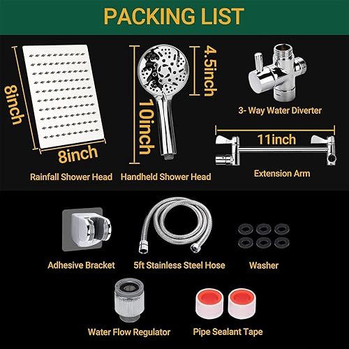 Miniatura 6 de Combo de cabezal de ducha doble, cabezal de ducha de lluvia de alta presión de 8 pulgadas con cabezal de ducha de mano de 9 ajustes, con manguera de