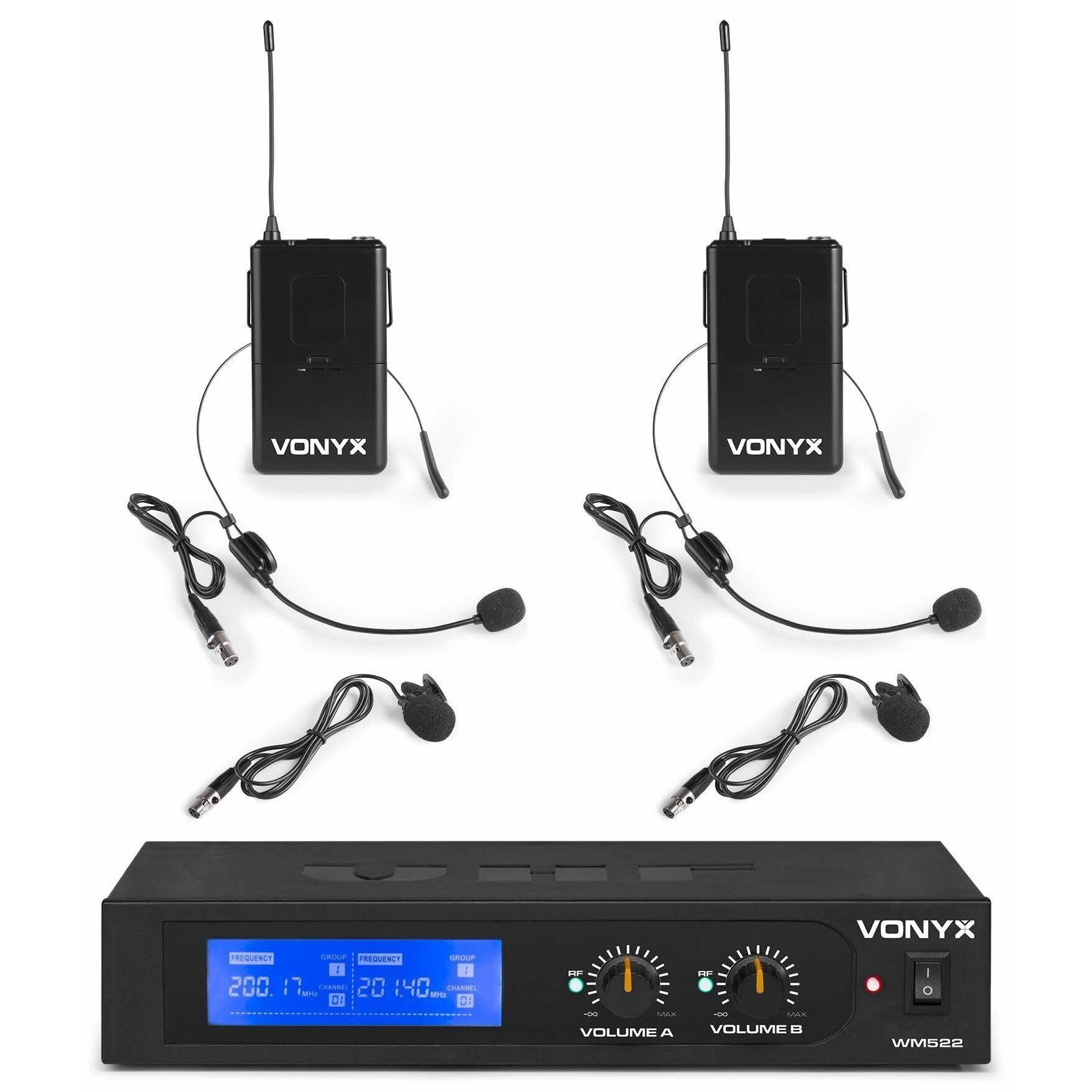 Vonyx WM522B - Mikrofon Empfänger mit 2 drahtlosen VHF-Bodypacks mit Headset Mikrofone, Mikrofonset, VHF Mikrofon für Shows, Entertainer, Moderation, Vorlesung, Professoren, Lehrer, Kopfmikrofon