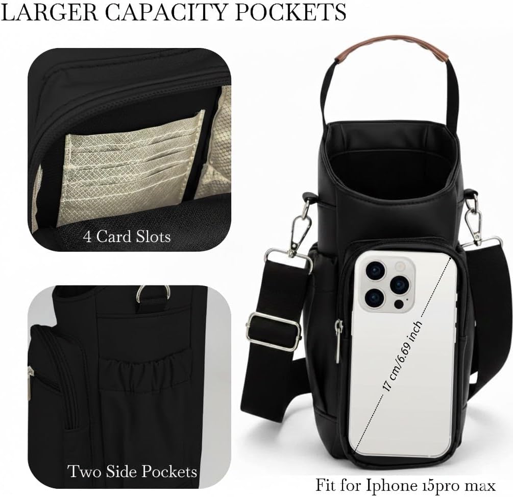 Insulated Water Bottle Carrier Bag with Adjustable Strap, Water-Resistant Nylon Sling Bag, Fits 22-64 oz Hands-Free Black Crossbody Waterbottle Bag with Phone Pocket & RFID Blocking for Hiking Travel