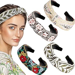 Chuangdi 4 Pieces Boho Headband Floral Wide Headband Handmade Knot Embroidery Bohemia Turban Vintage Ethnic Style Hair Band for Women Girls Hair Accessories