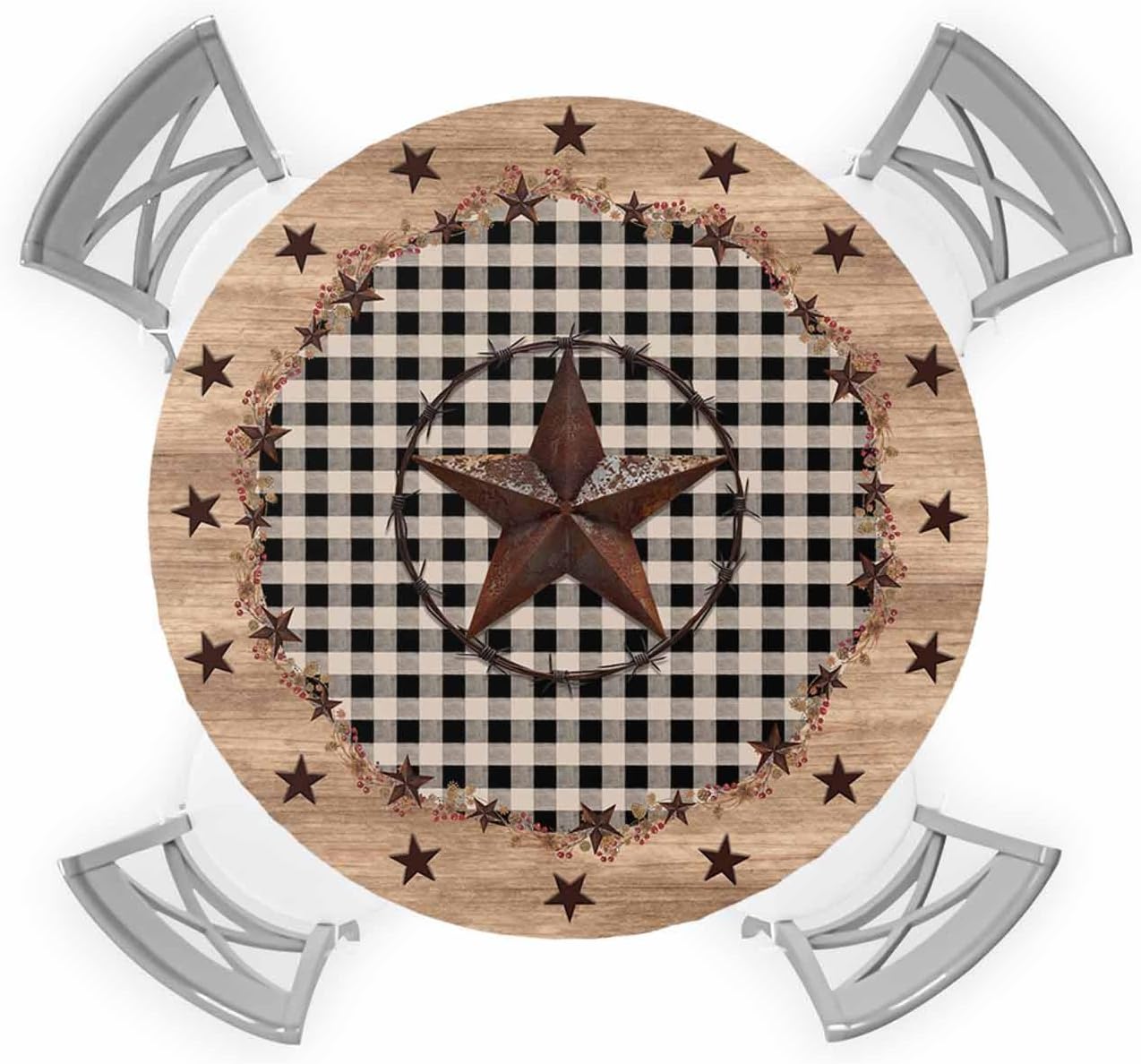 4th of July Round Fitted Tablecloth with Elastic American Barn Star Tablecloths Rustic Wood Grain Plaid Independence Day Table Cover for Kitchen Dinner Holiday Party Fits Tables up to 36"- 44"
