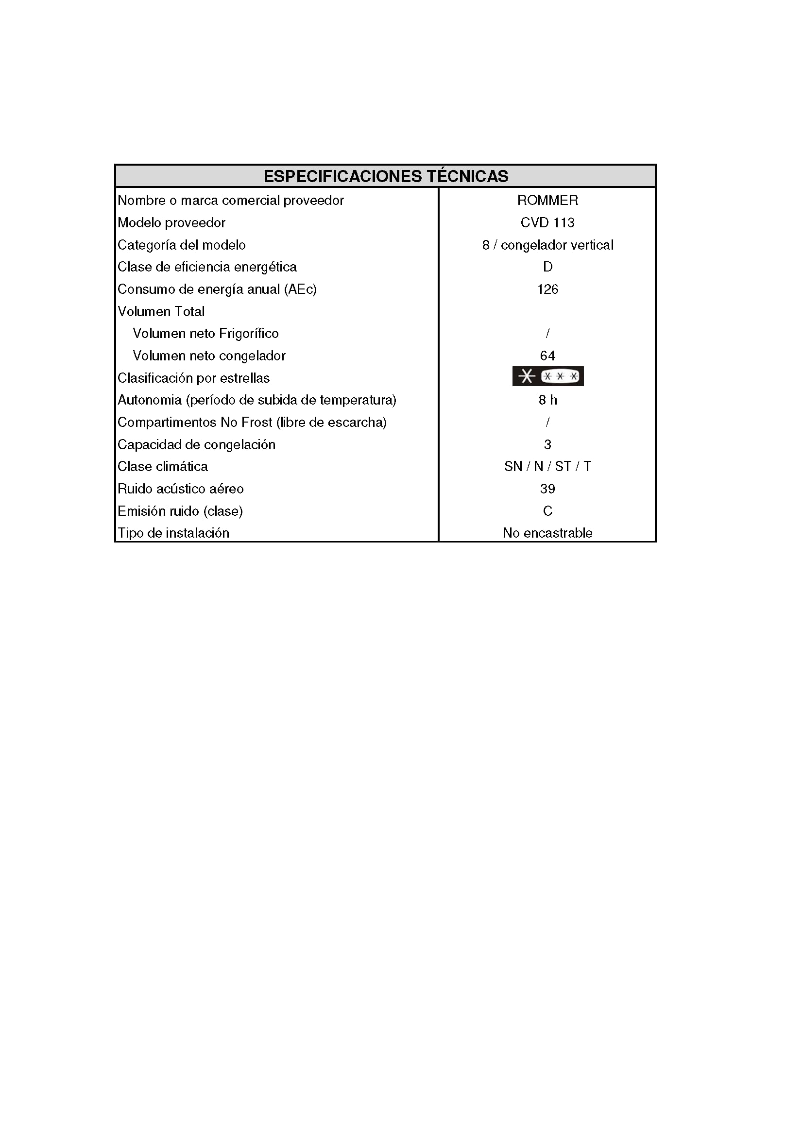 Congelador Vertical Rommer CVD 113, Capacidad 64 Litros, color Blanco