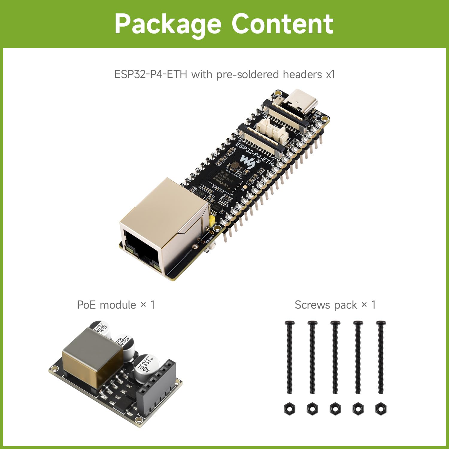Waveshare ESP32-P4-ETH High-Performance Development Board, Based On ESP32-P4, with 100 Mbps RJ45 Ethernet Port, with Pre-Solder Pin Headers, Bundle with a PoE Module, 3 Items