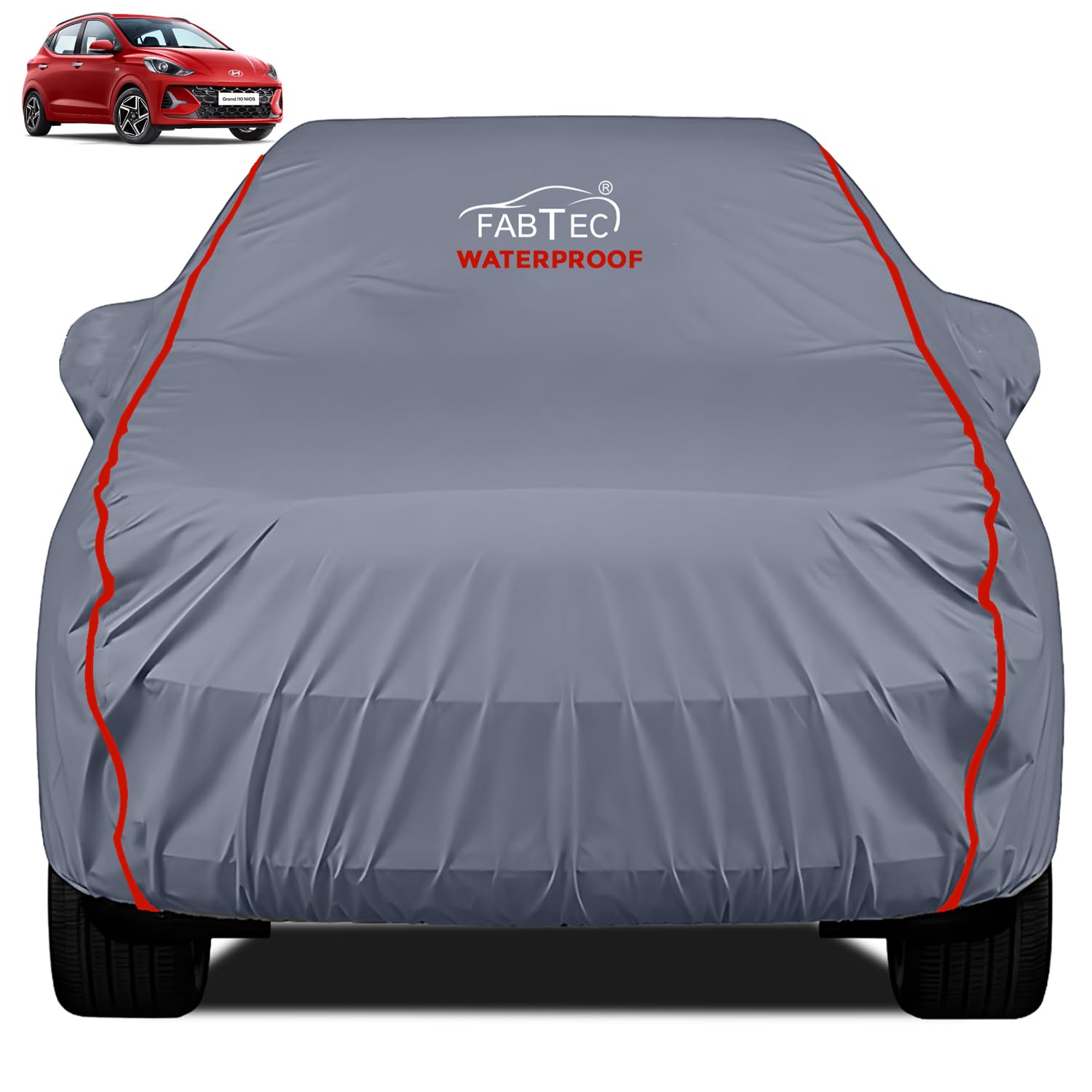 FABTEC Waterproof Premium Car Cover for Hyundai Grand i10 Nios with Mirror Pocket Super Waterproof Car Body Cover Heavy Duty Durable Peva Grey with Red Piping