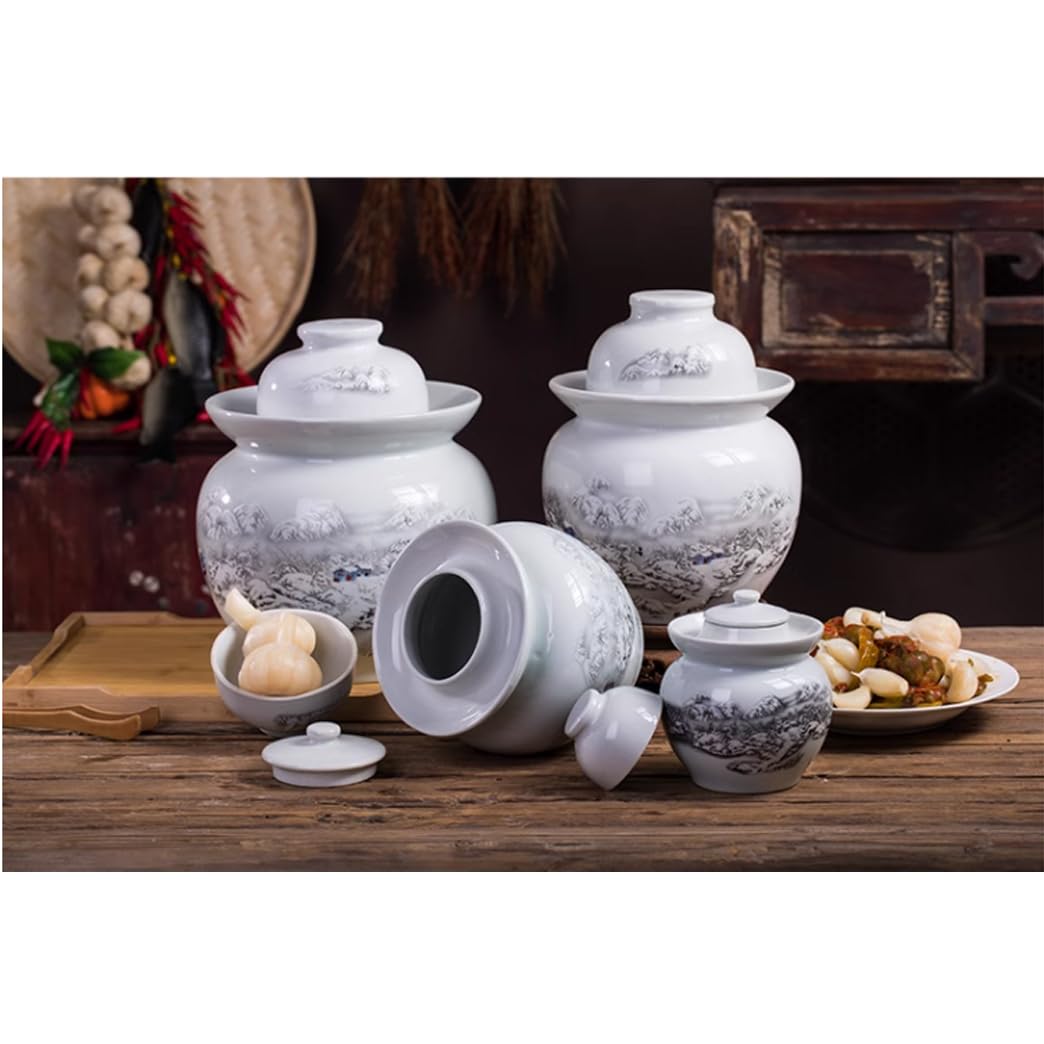 Ceramiczny słoik na ogórki z pokrywkami, duży tradycyjny chiński porcelanowy słoik na ogórki, ceramiczny garnek do fermentacji z pokrywką z uszczelką wodną, biały garnek do kiszen(Biały-5L
