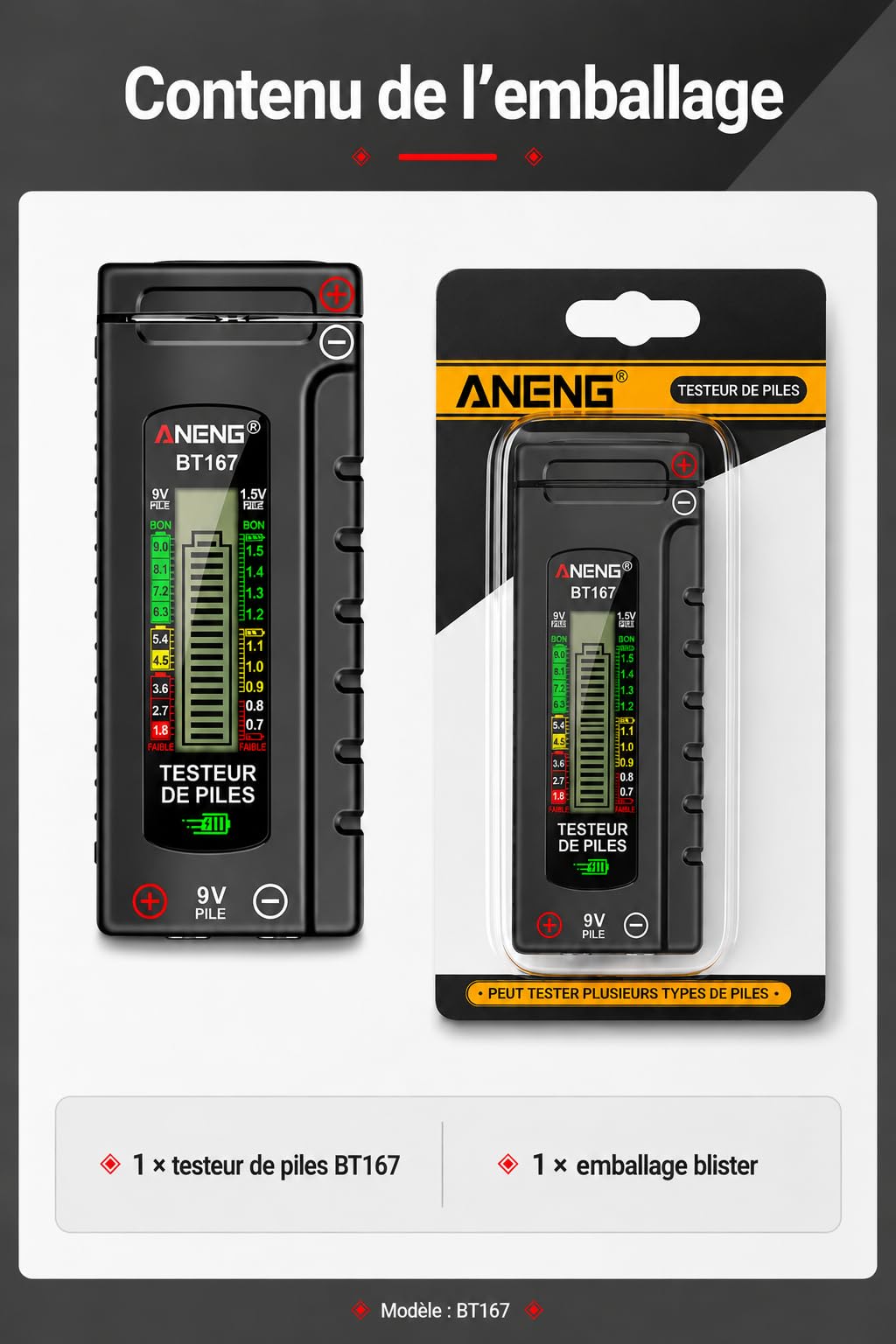 VOBOR Testeur de Piles Numérique Universel, Écran LCD, Battery Tester pour Piles AA AAA C D 9V 1,5V Pile Bouton