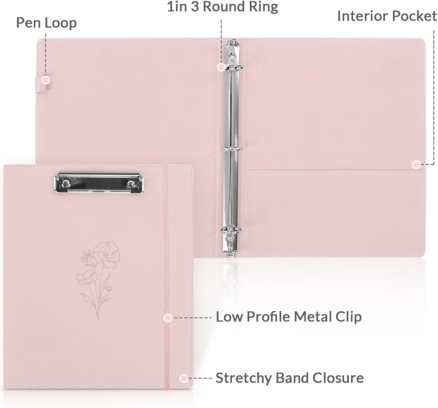 SKYDUE Pink 3 Ring Binder with Clipboard,1 Inch Linen Binder for 3 Hole Punch Letter Size Loose Leaf Paper with 5 Dividers, Pocket and Labels School and Office Supplies - Image 4