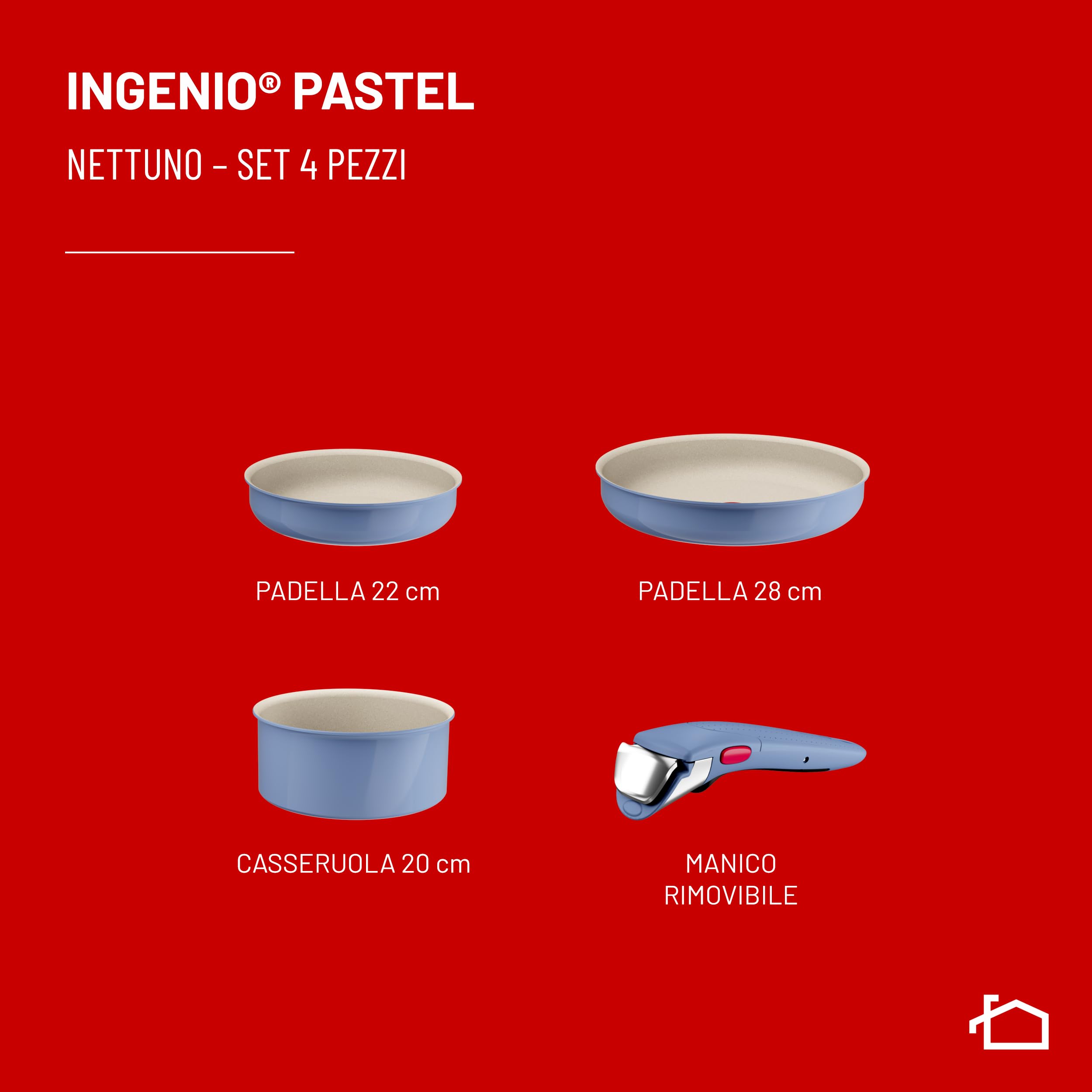 Lagostina Ingenio Pastel, Set di Padelle Antiaderenti 4 Pezzi con Manico Rimovibile, Compatibili con Induzione e Forno, Design Salvaspazio, Colore Nettuno