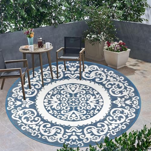 Homcomoda Round Outdoor Rugs 8ft Blue Patio Rugs Clearance Reversible Plastic Straw Rugs Waterproof Lightweight Outdoor Rugs Portable RV Camping Mat for Outdoor Porch Deck BBQ Backyard