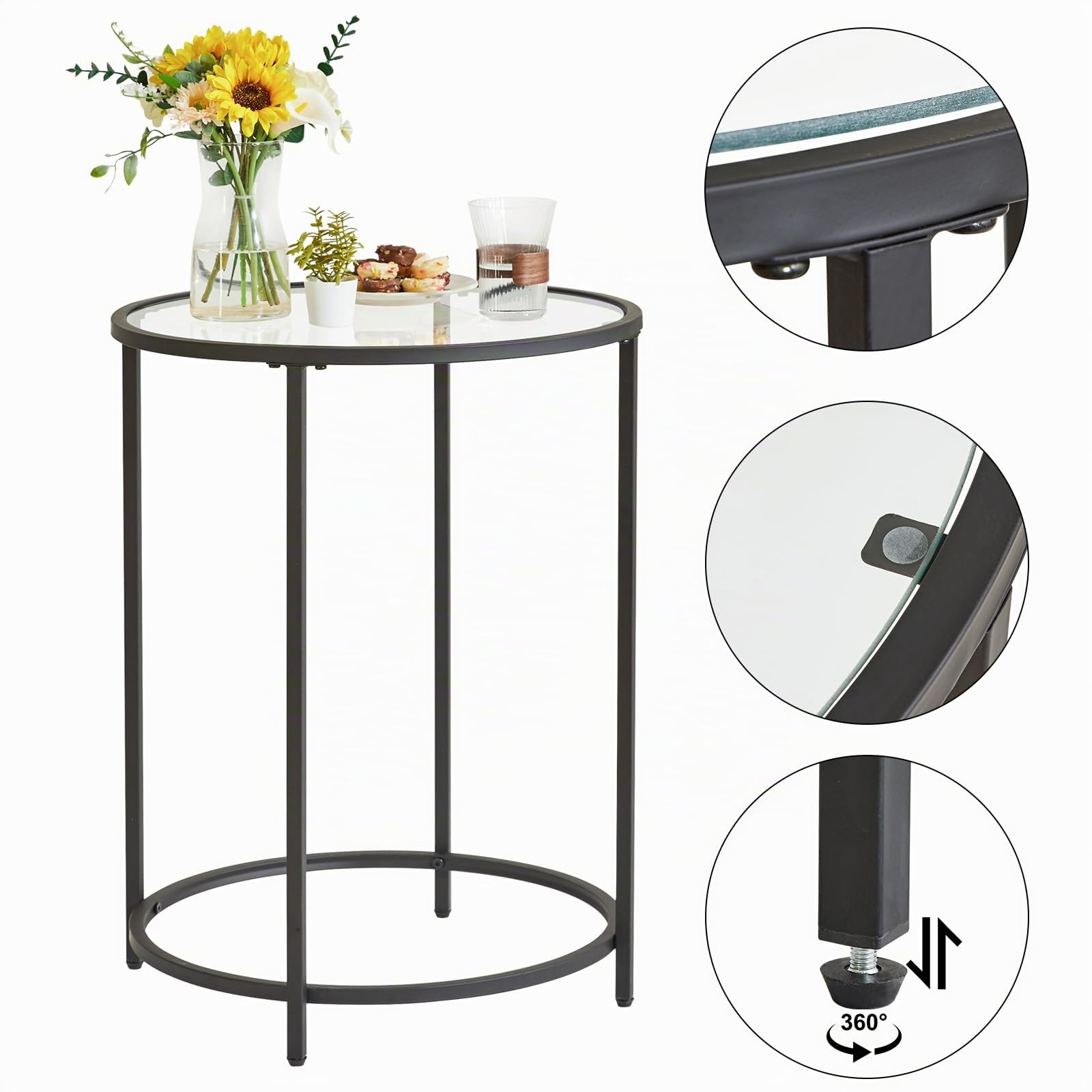 YMYNY Mesa Auxiliar Redonda, Mesita de Noche Pequeña de Cristal Templado con Marco de Metal, Mesa de Centro Transparente, Moderna, para Salón, Dormitorio, 50×50×65CM Negro HGD020B