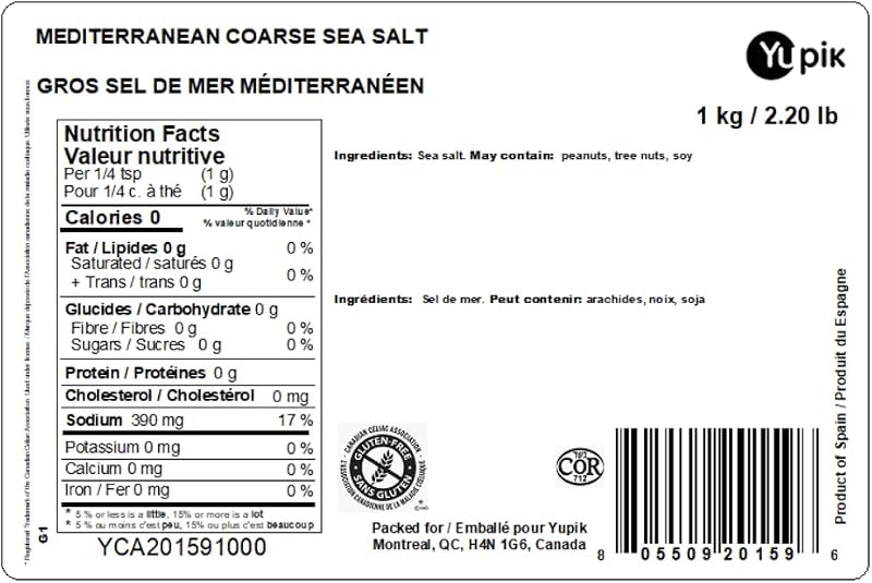 Yupik Mediterranean Coarse Sea Salt, 1 kg, Gluten-Free, Kosher, Natural Minerals, Unrefined & Pure Flavour, Perfect Table Salt Substitute