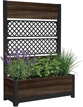 Keter Outdoor Planter Box with Privacy Screen and Trellis 26 Gallon Raised Garden Bed for Climbing Plants & Flowers Wood-Look Resin, Weather-Resistant Divider for Patio, Balcony & Backyard
