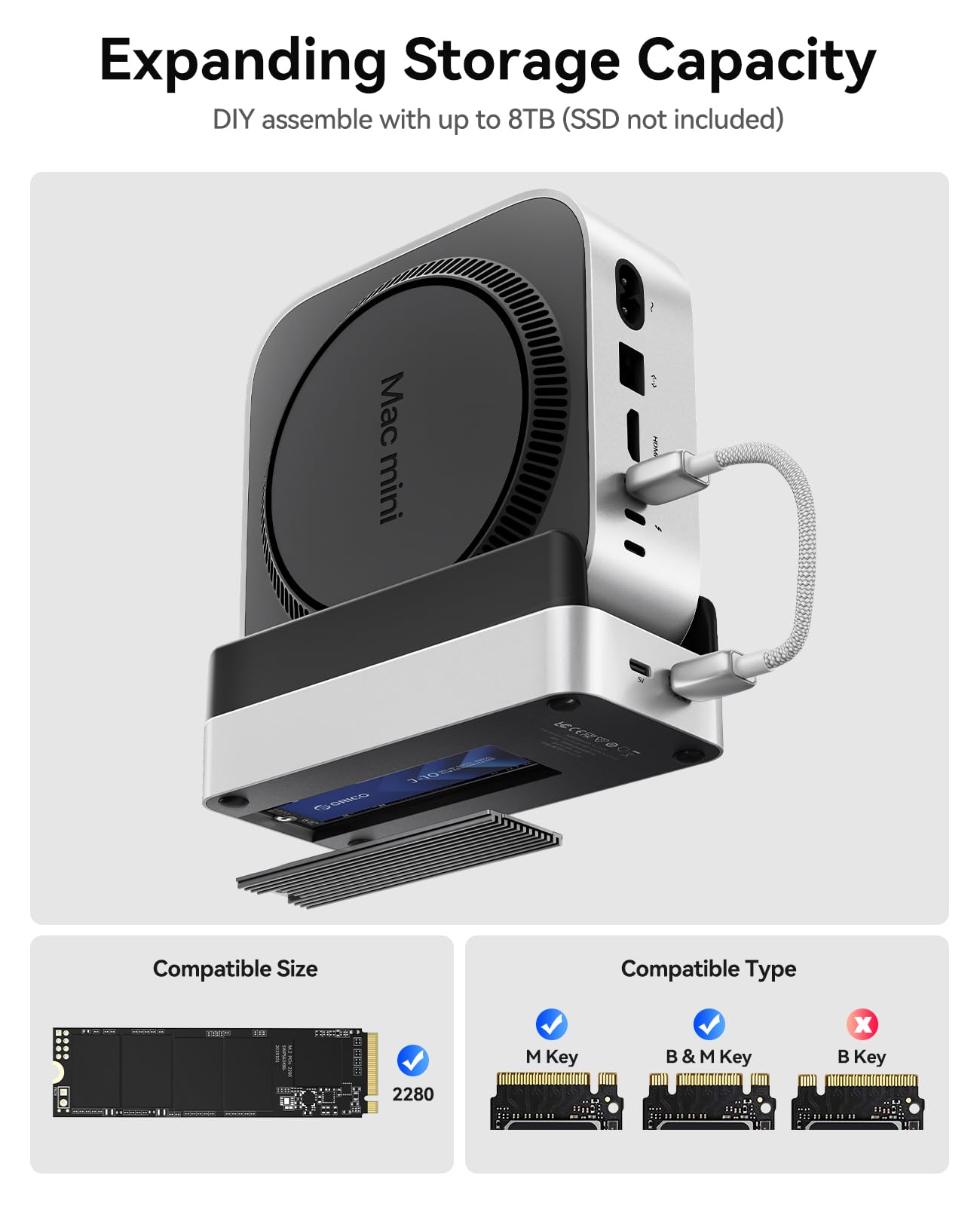 ORICO MiniDock Mac Mini M4 Dock & Support mit Boîtier SSD NVMe, USB C Hub mit 2 USB-A 10Gbps, SD/TF 3.0, Accessoire Parfait pour Mac Mini M4/M4 Pro - VSE