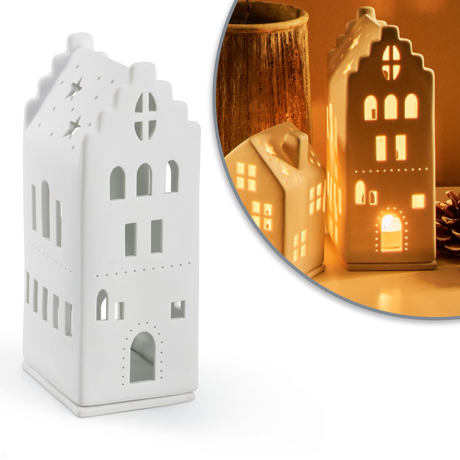 COM-FOUR® swiecznik z porcelany, domek z matowej porcelany z podstawa | latarnik - stylowa dekoracja pokoju w ksztalcie domku