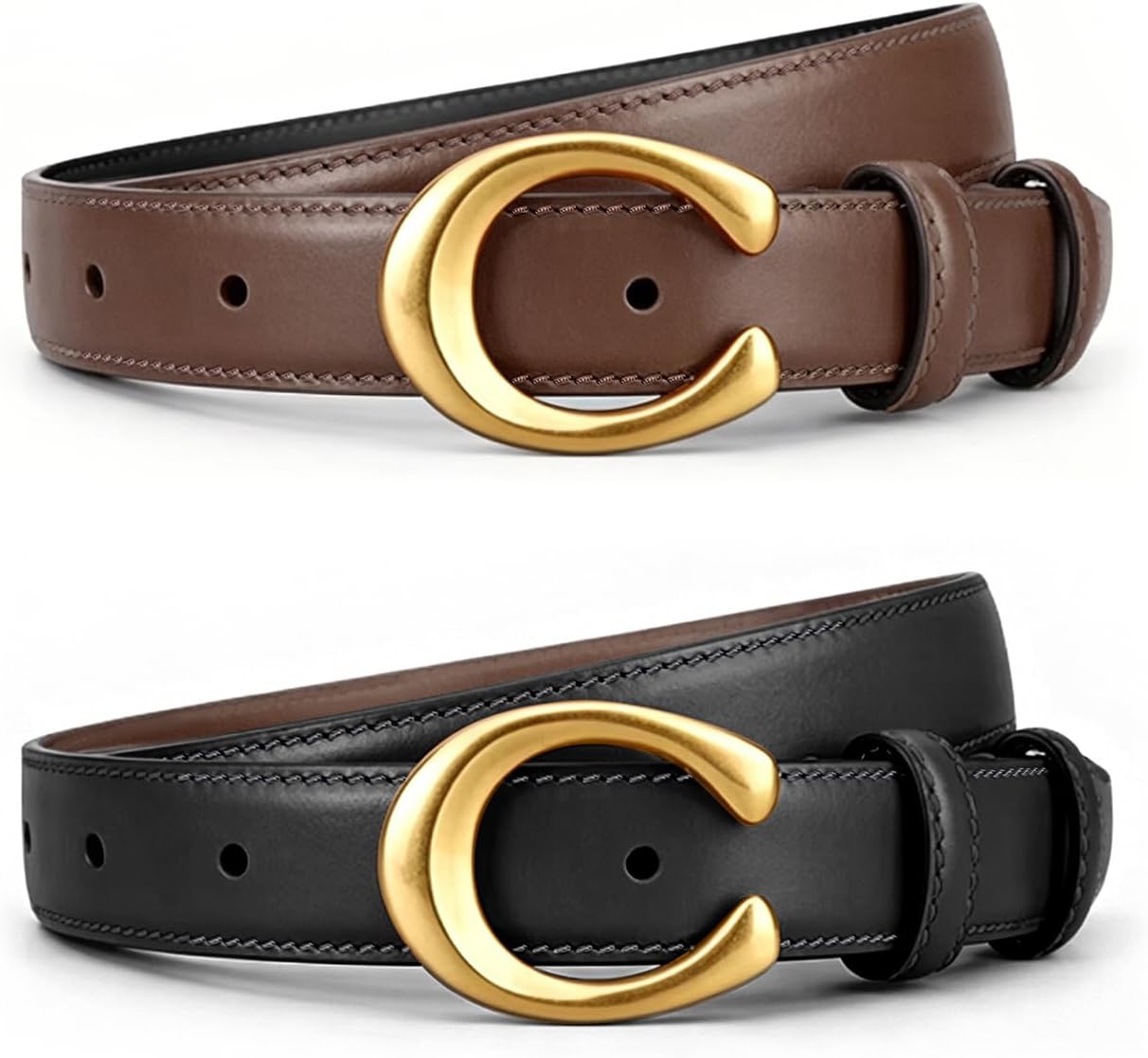 C-Shaped Buckle Reversible Genuine Leather Belt for Women, with Reinforced Anti-Crack Holes, Dual Color Black & Brown