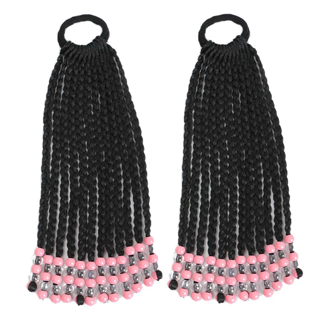 Kid's Summer 2packs Kids Ponytail Extension With Beads Box Braids Hair Extensions For Kiddie Synthetic Hairpieces For Baby Girls Toddler Gift Pink 9inch