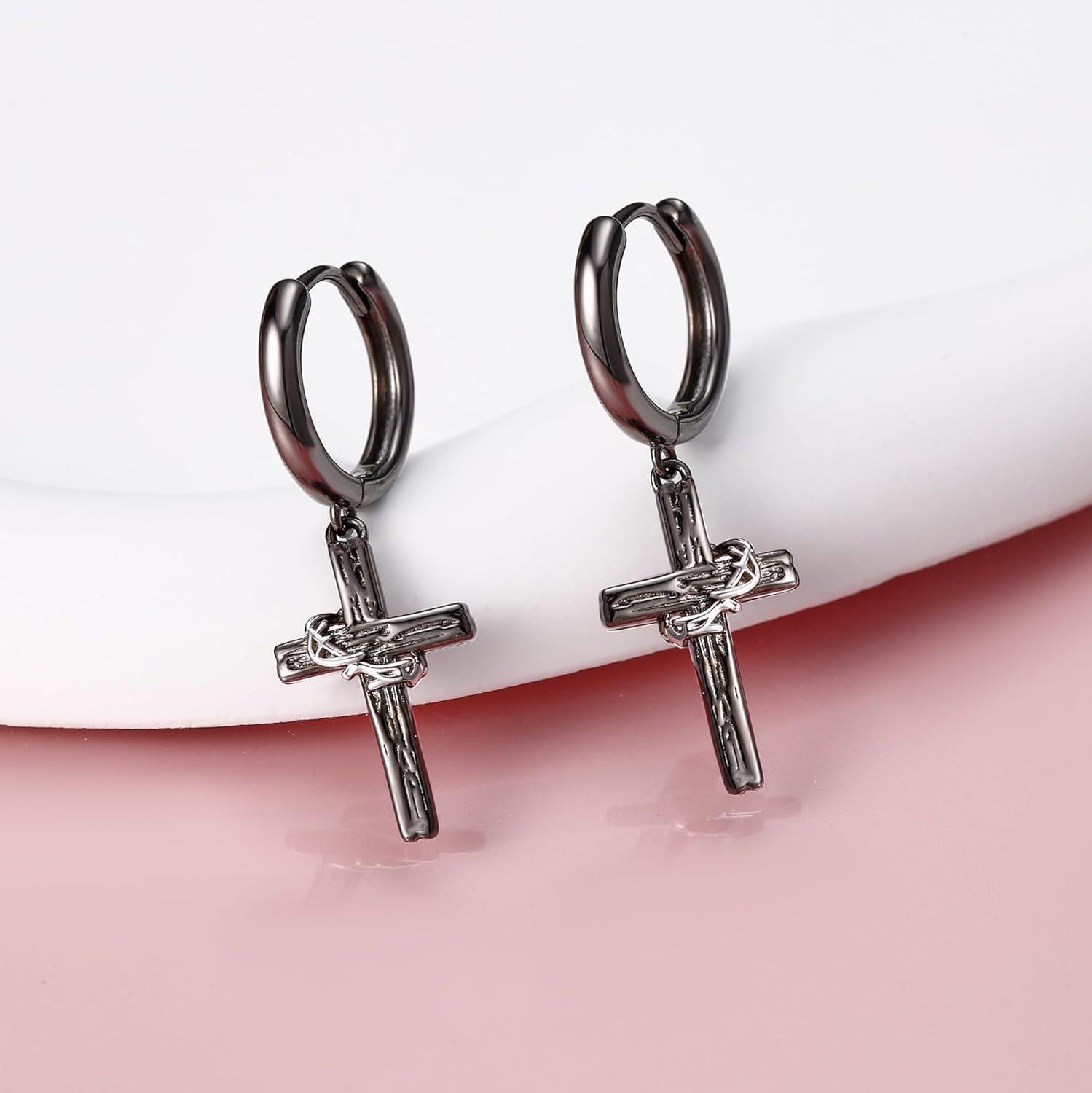 Black Cross Earrings Sterling Silver Cross with Thorn Dangle Earrings for Men and Women