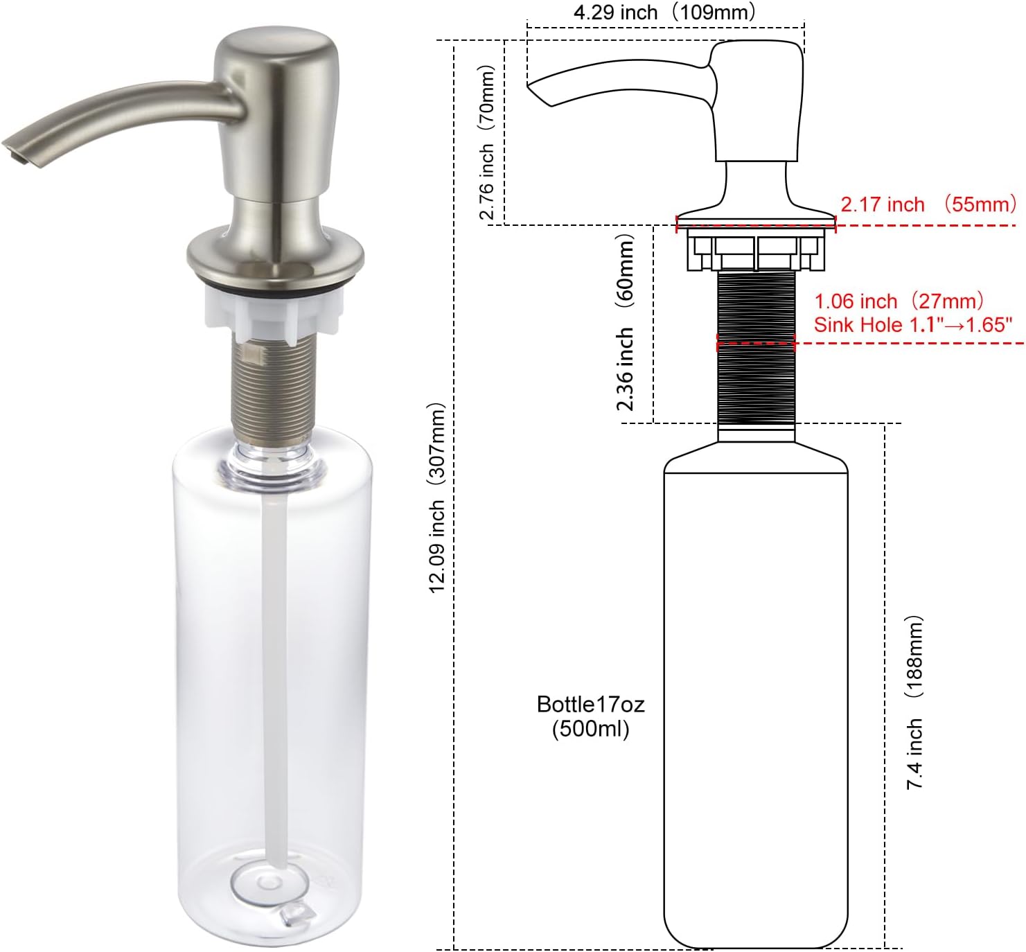 GAGALIFE Kitchen Sink Soap Dispenser with 17 OZ Large Bottle - Sink Soap Dispenser for Kitchen Sink, Refill from The Top (Brushed Nickel)