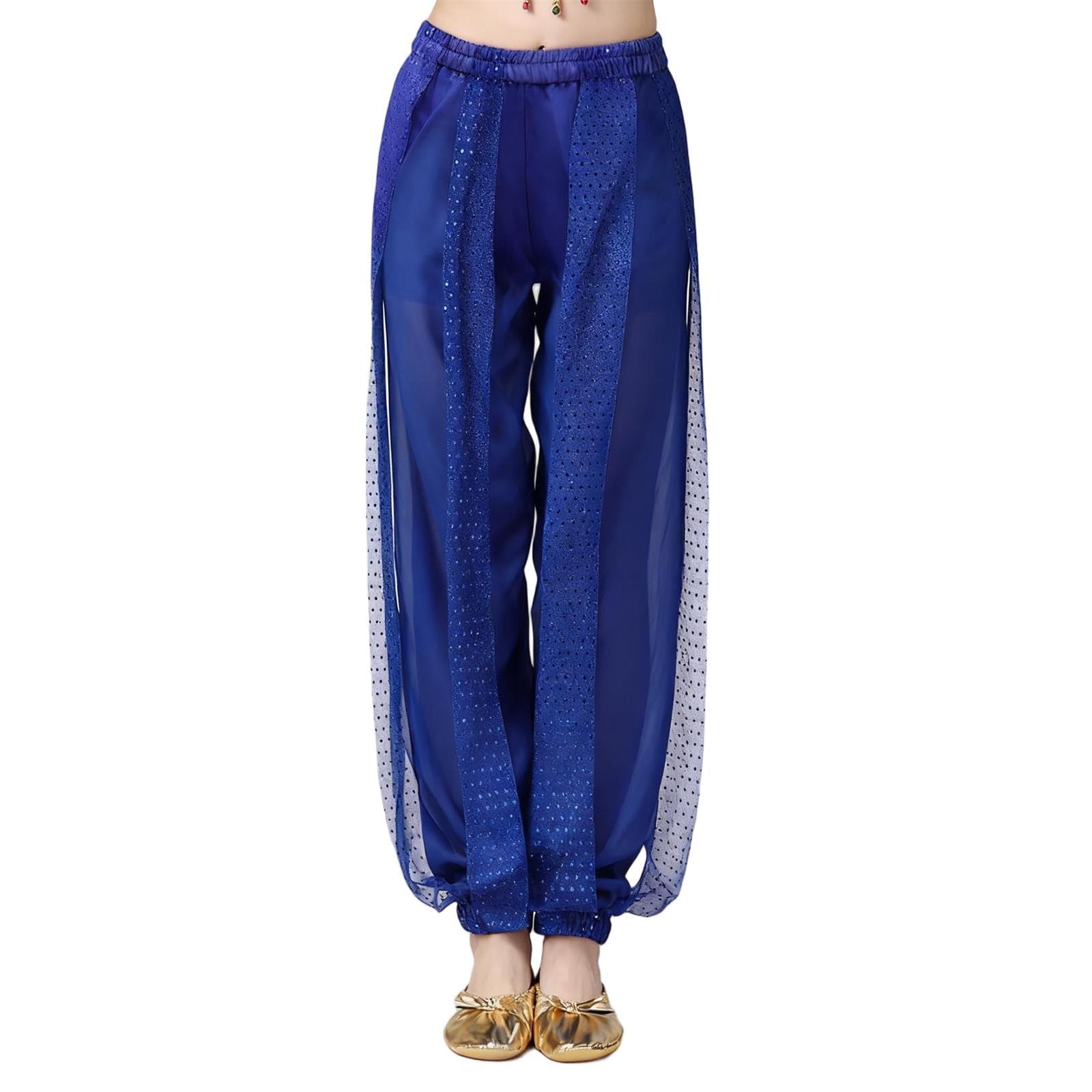 Belly Dance Harem Pants, Girls Chiffon Tribal Arabic Trousers Sequin Shiny Loose Bloomer Capri Trouser Dancing Yoga Pilates Zumba Party Performance Costume Blue 5-6 Years