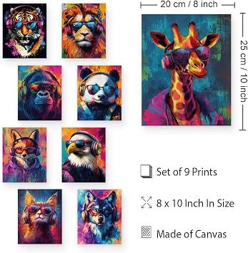 DOODLREAM 9Pcs Unframed Graffiti Animal Wall Art Decor 20.3 x 25.4 cm