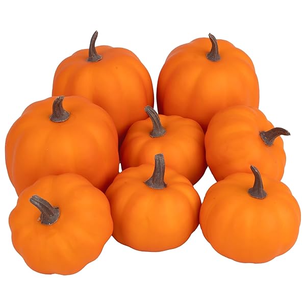 Artgar Orange Artificial Pumpkins, Harvest Decor Foam Pumpkin 8 PCS Set for Halloween Thanksgiving Fall Decorations, Realistic Faux Pumpkins for Festive Home Decor