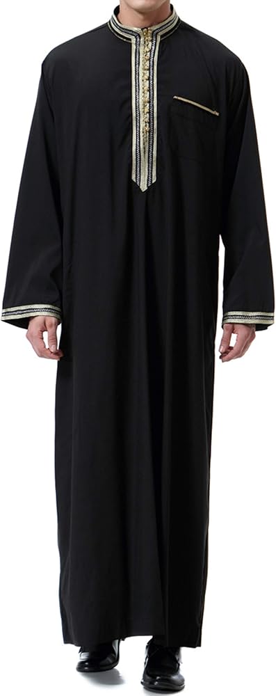 Caftan Homme Musulman Long Manches Longues – Thobe Islamique Polyester Infroissable, Robe Prière Arabe Caftan Élégant Avec Poche