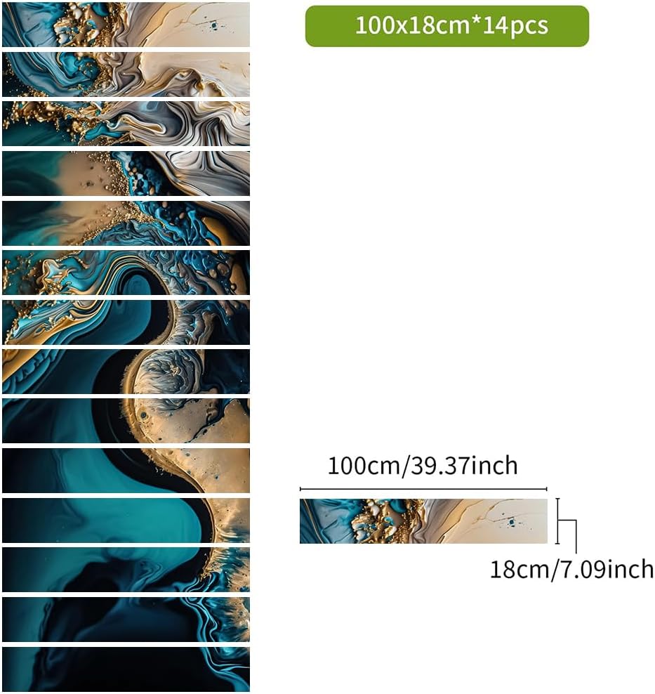 Peel and Stick Vinyl Stair Riser Decals Staircase Tile Stair Stickers Abstract Blue and Gold Art Decor Modern Marble Fluid Decoration Mural Self-Adhesive Wallpaper (14 Pcs)