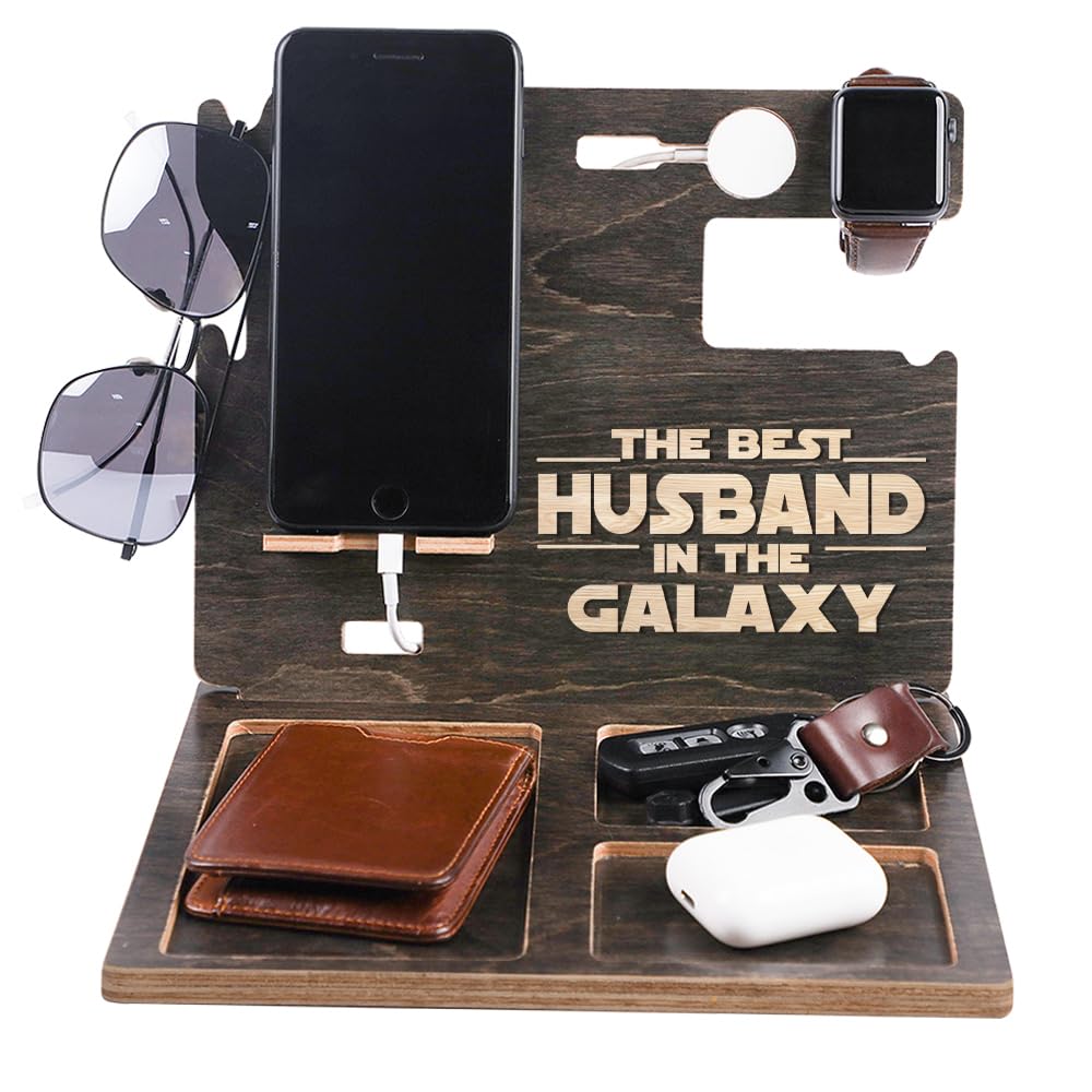Fastpeace Wood Phone Docking Station for Men, Desk or Nightstand Organizer, Fathers Day - Birthday for Husband - Dad - Daddy (Husband)