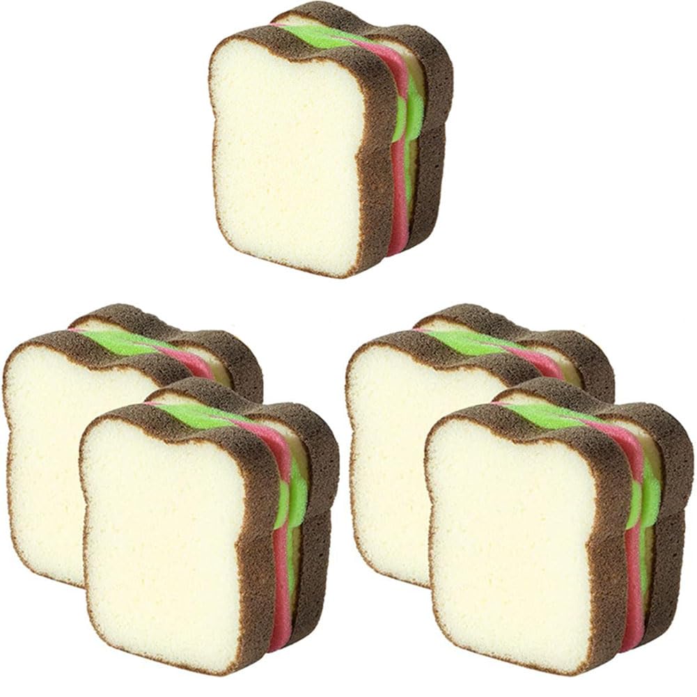 Sandwich Sponge 5Pcs For Dishes, Cute Deep Cleaning Toast Shape Sponge, Heavy Duty Scrub Sponges For Cleaning Kitchen, Non-Scratch Dish Sponge