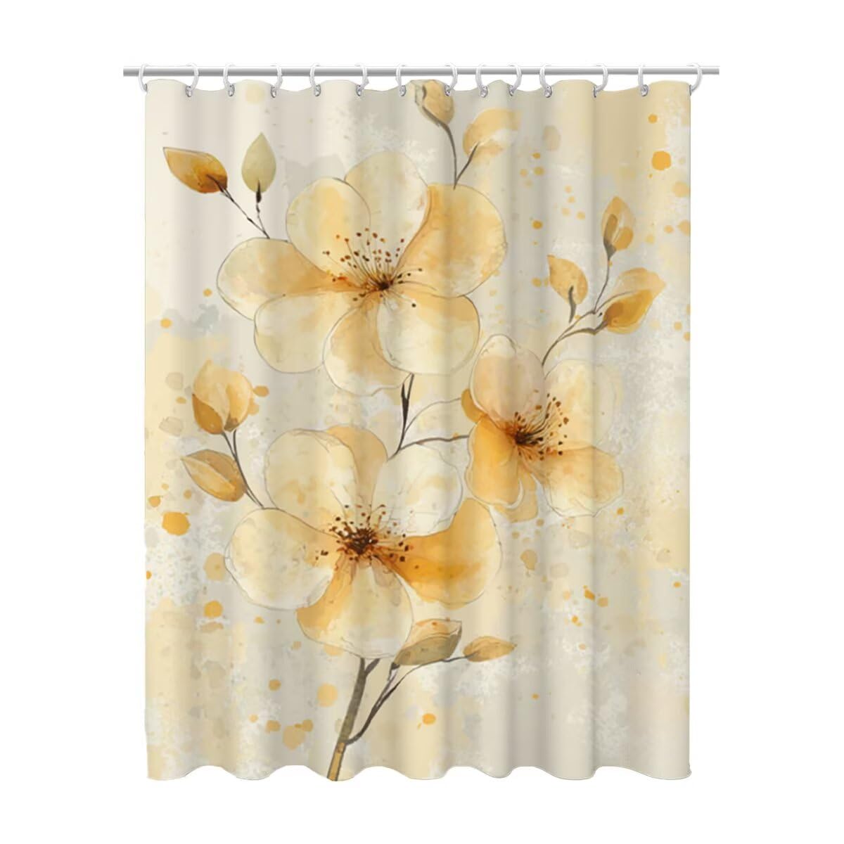 Rideaux de douche jaune floral 200x200 cm en tissu lavable pour baignoire avec crochets