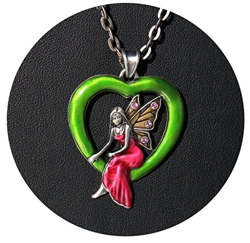 Masada Jewelry, Green Enamel Heart Fairy With 4 Lavender Gems, Pendant, On 24 Inch Chain Necklace #TOP1