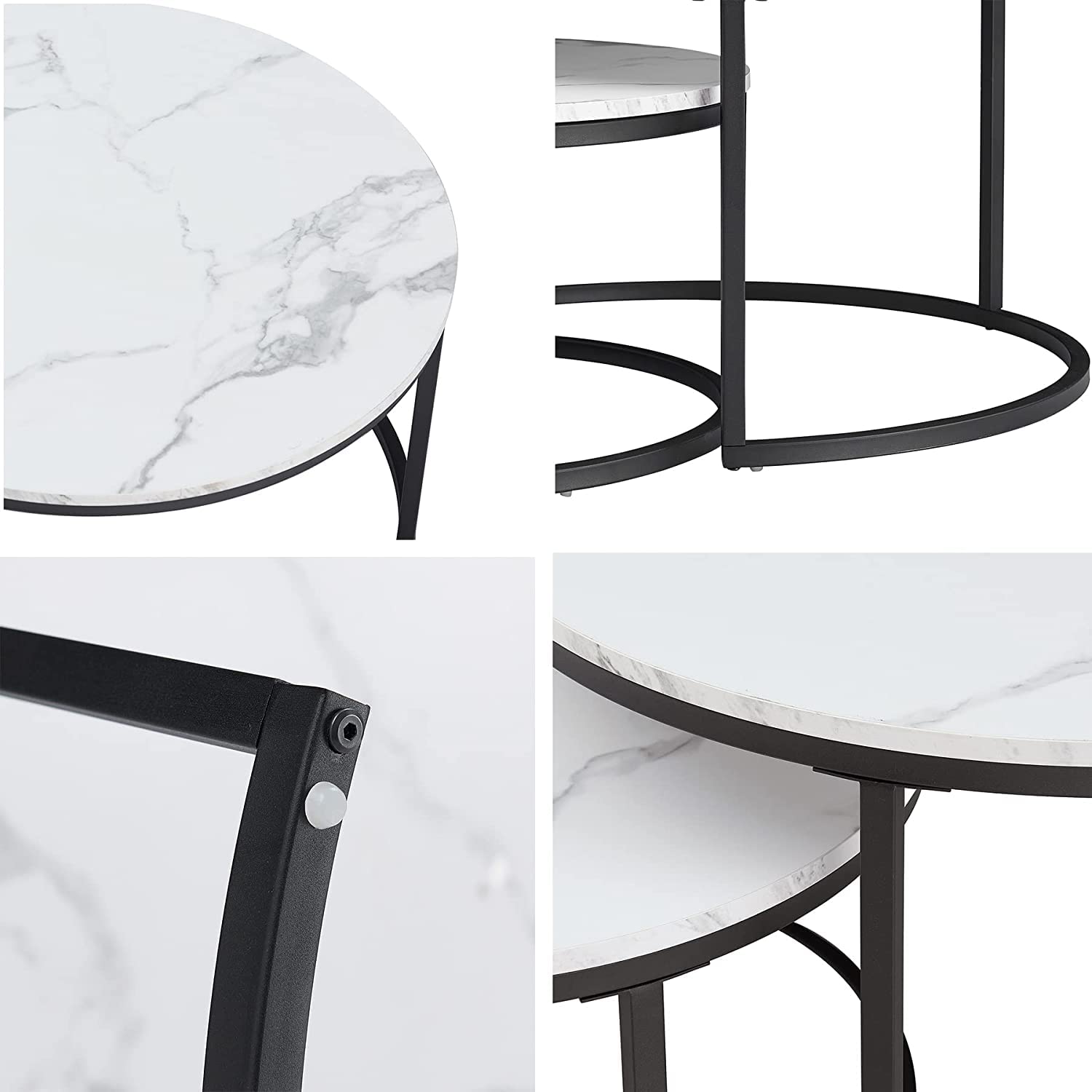 Set di 2 Tavolini Rotondi, Tavolini, Grandi: 60 x 60 x 45 cm. Piccolo: 40 x 40 x 35 cm, Tavolino da Soggiorno, Bianco e Nero