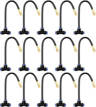 Upriver 15 Pcs Brass Misting Nozzles Tee with 8 Inch Built in Hose for 0.315"/8 mm Tubing, 360 Rotation Adjustable Water Mister Nozzle Thread Sprayer for Garden Watering System