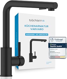 Bächlein Küchenarmatur Varvaro – 360 Grad schwenkbar (matt schwarz) – Einhand-Spültischbatterie aus Edelstahl mit ausziehbarem Schlauch und Brause mit Umschalter, Wasserhahn für die Küche