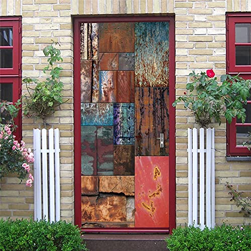 Autocollant Porte 3D Effet Fer Rouillé - 77x200 Cm, PVC, Décoration Trompe-l'œil Mural