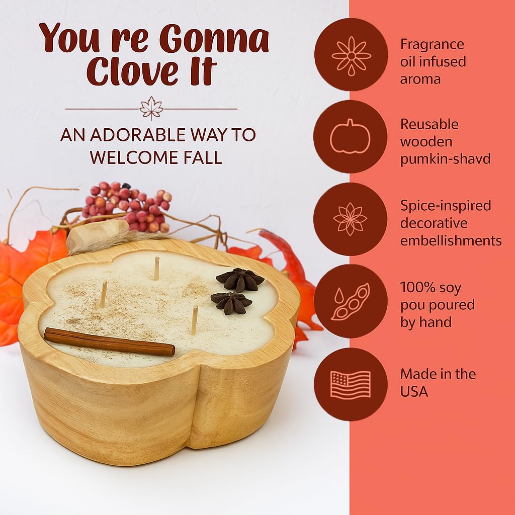 Co. Pumpkin - Especias de calabaza de 8 x 6 x 2 pulgadas con 35 horas de tiempo de combustión, otoño de madera con 100% cera de soja, 3 mechas de aroma de otoño, decoración