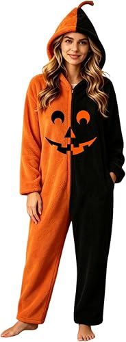 Vividcrate Halloween Costumes Pumpkin Onesie Adult Pajamas Hooded Zipper Design 