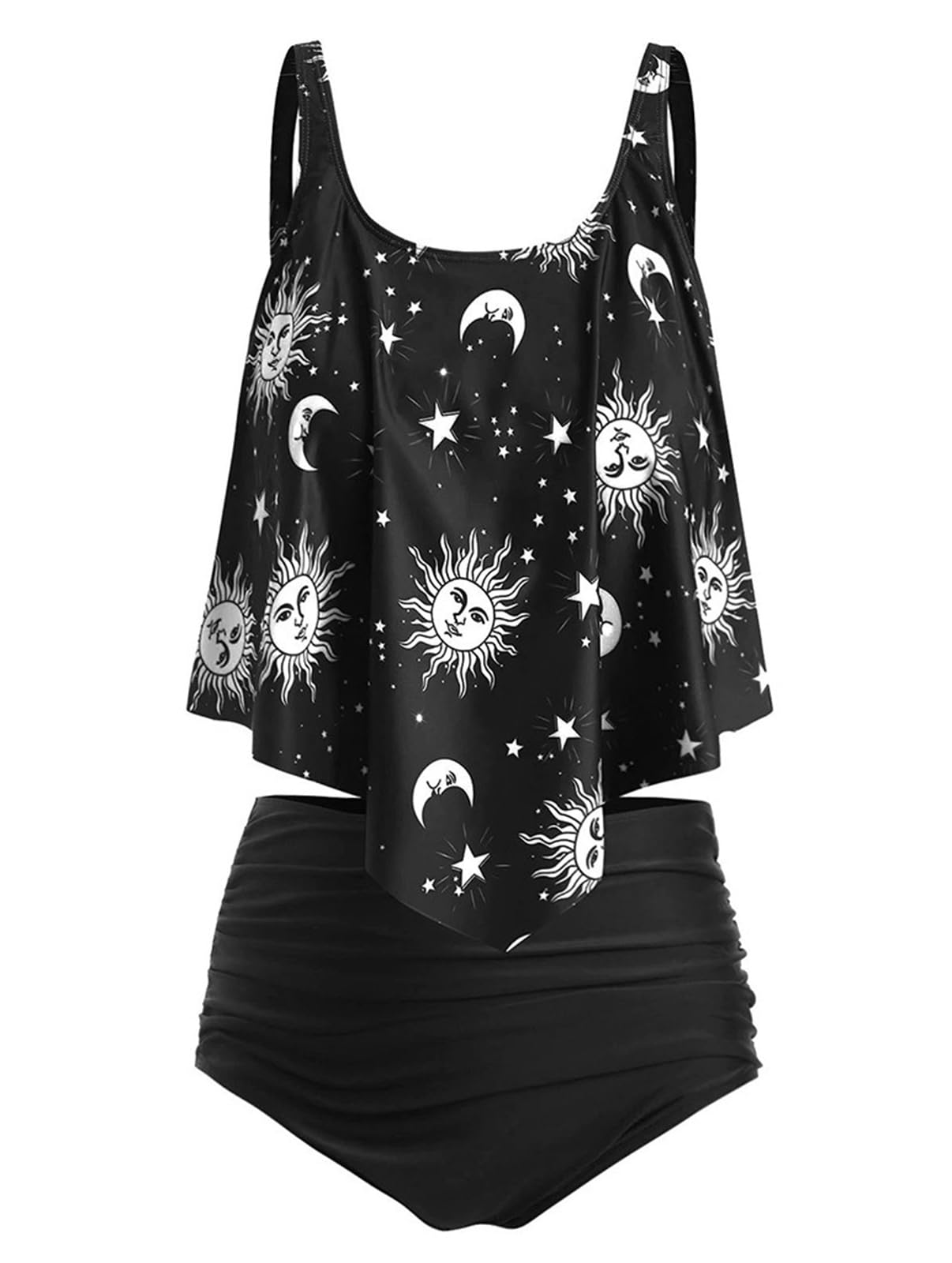 JMSUN Frauen Sonne Sterne Mond Volant Hohe Taille Tankini Badeanzug, Schwarz2, XXL