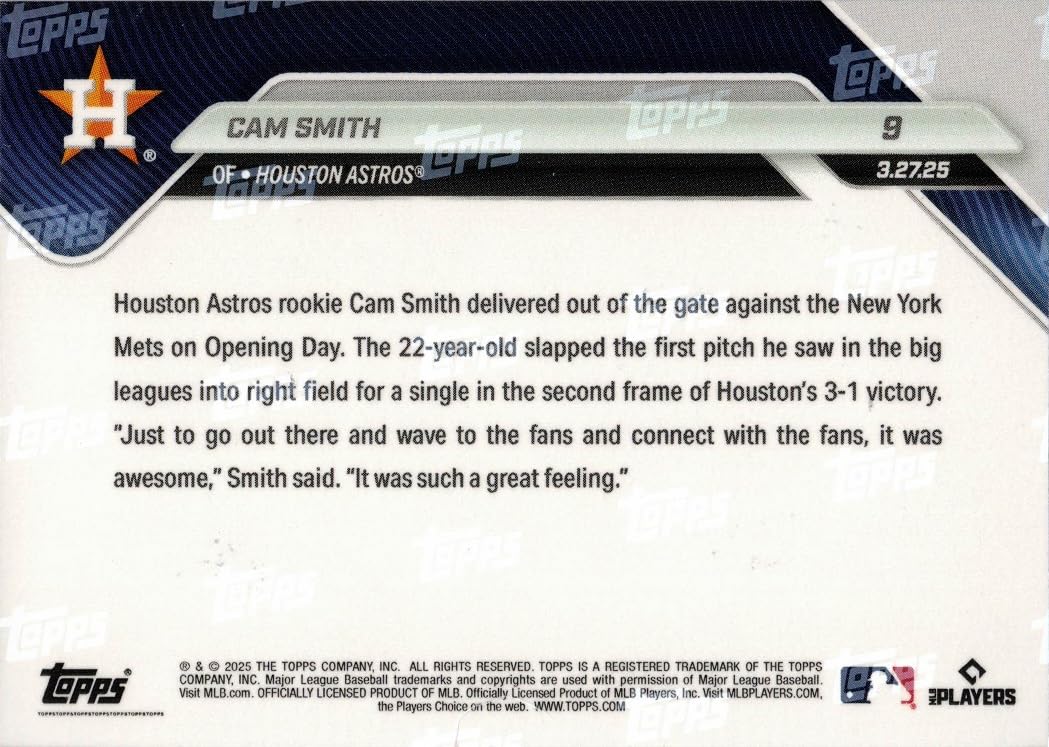 Amazon.com: 2025 Topps Now Baseball #9 Cam Smith Rookie Card
