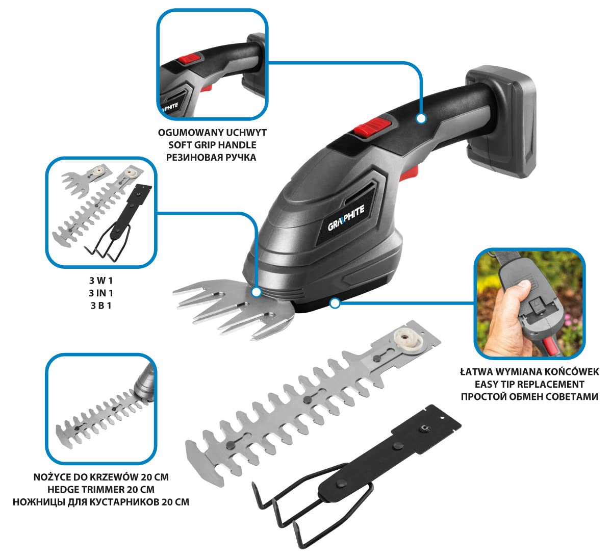 GRAPHITE Cortacésped 3 en 1 para arbustos, setos y corrección de bordes de césped, sin batería de iones de litio de 18 V, cortacésped, cortasetos y tridente, accesorio de 3/8 pulgadas, peso 1,83 kg