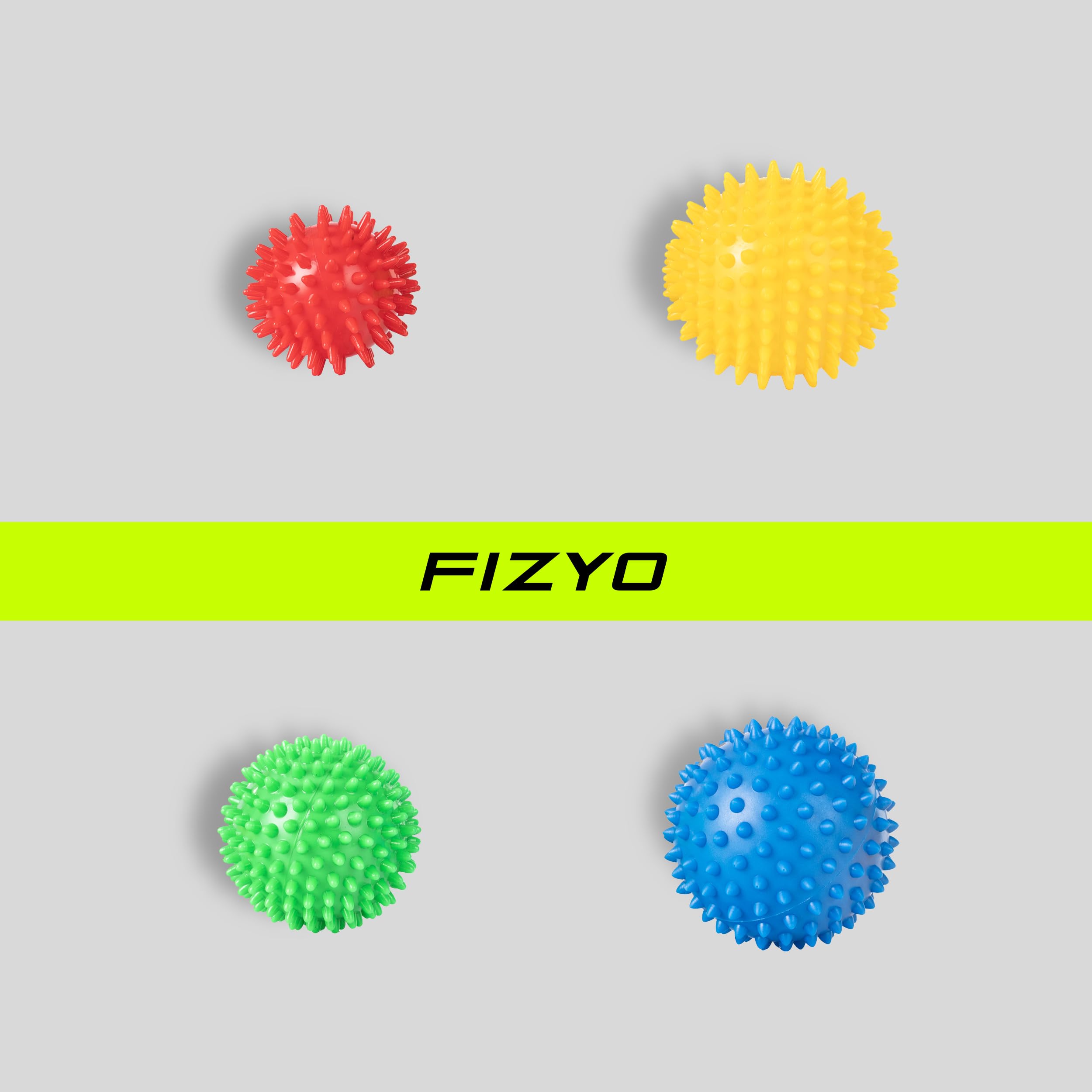 Fizyo Zestaw 4 Kolczastych Piłek do Masażu – Piłeczki z Wypustkami do Punktowego Masażu Powięzi i Mięśni, Jeżyk do Masażu Rąk, Nóg, Stóp, Pleców i Karku, Różne Rozmiary