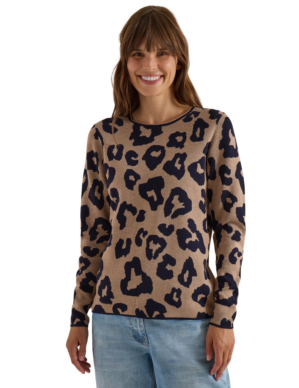 Cecil Creamy Mocha Melange Pullover with Crew Neck and Leo Pattern XS