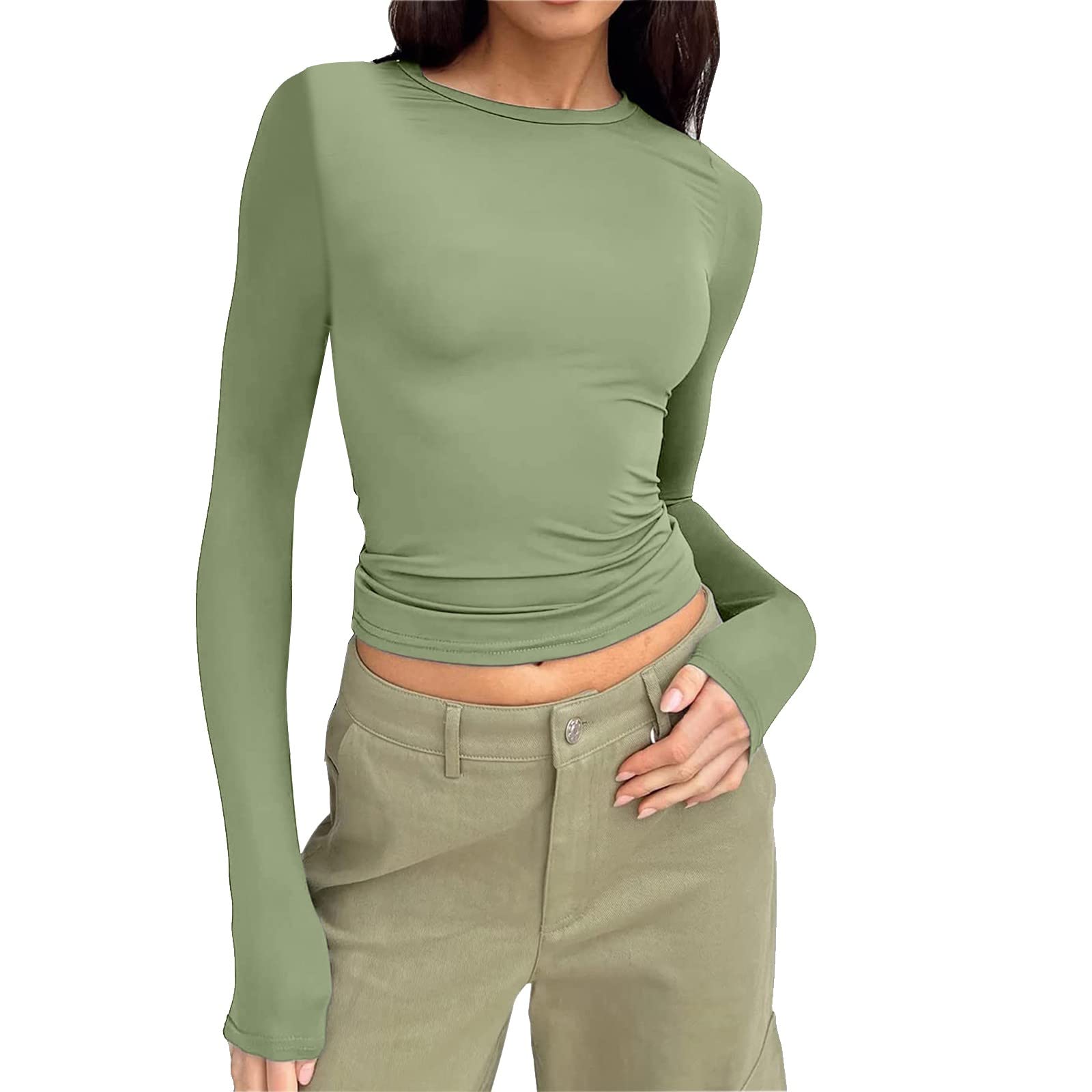 Camiseta básica elegante para mujer, manga larga, cuello redondo, ajustada, recortada, brillante