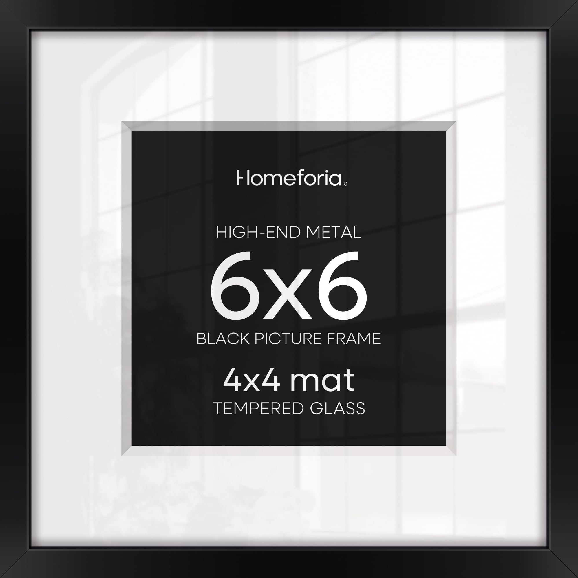 Homeforia 6x6 Black Picture Frame, High-End Metal, 4x4 Mat, Glass | High End Aluminum, Tempered Glass, Acid-Free 4x4 Removable Mat, 6x6 in Edge-to-Edge Display 6x6, Wall Kit, Set Of 1