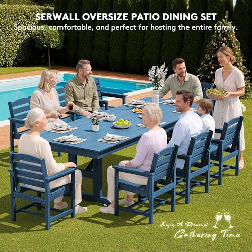 Image of SERWALL 9 Piece 84 inch HDPE Outdoor Dining Set for 8 with Armchairs and Umbrella Hole, Blue