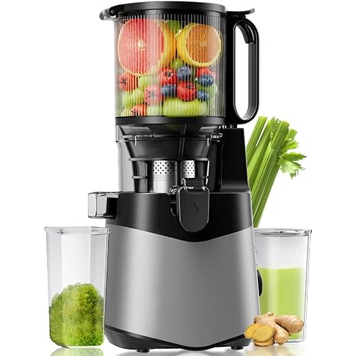 Cold Press Juicer, 5.8" Wide Feed Chute Juice Extractor Machine with 400W, High Juice Yield, Slow Masticating Juicer for Whole Vegetables & Fruits, Light Grey