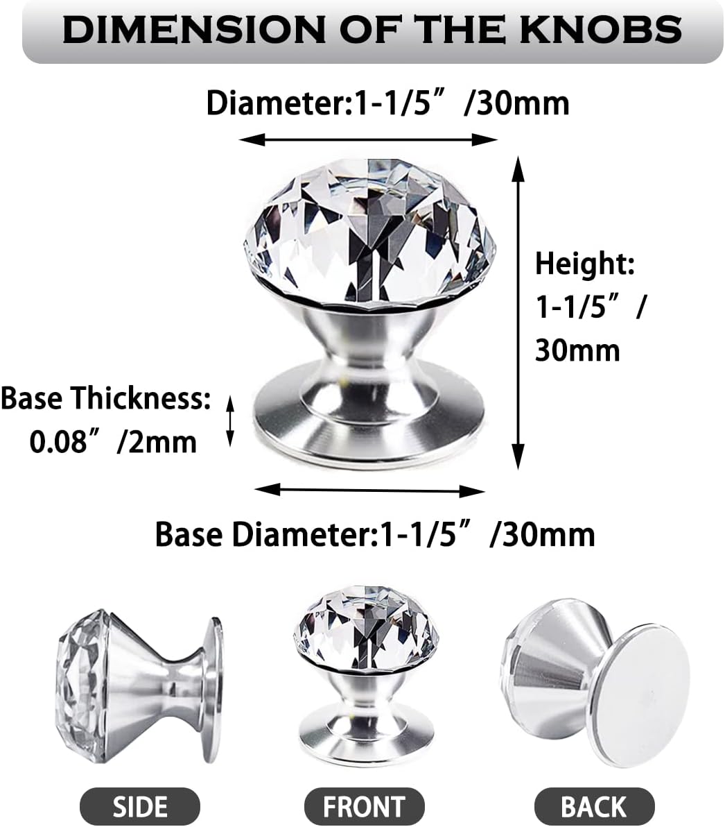4 Pcs Crystal Self Stick Knobs Aluminum Self Adhesive Handle Pull Stick On Handle Removable Replacement Knob for Cabinet Mirror Cupboard Window Glass Sliding Door Drawer Clear Crystal Knob (4)