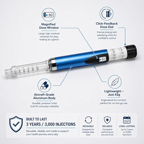 Reusable 60 Unit Insulin Pen Injector with Aluminium Build | Compatible with All Major Pen Needles | Click-Feedback Dosing System for Clinical Accuracy and Easy Dosing | Drop-Tested for Real-Life Use